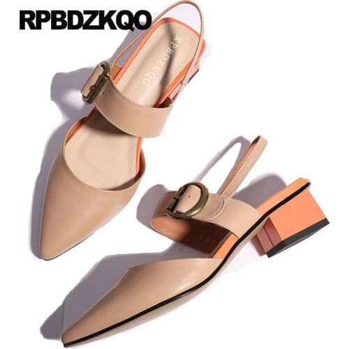 Closed Toe Low Heel Pointed Soft Chunky 11 Sandals Square Large Size Thick Slingback Strap Pumps Nude Women Shoes 2018 Spring