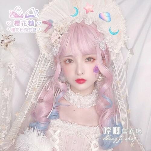 Womens Long Curly Hair Natural Internet Celebrity Pink Blue Gradient Girl Unicorn Realistic Lo Fake Hair cosplay lolita wig