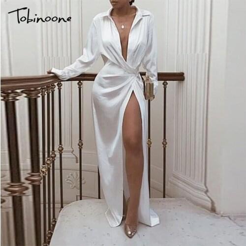 Tobinoone Turn-down Collar Party Maxi Long Dress Women High Split Dresses Female Elegant White Long Sleeve Night Club Sexy Dress