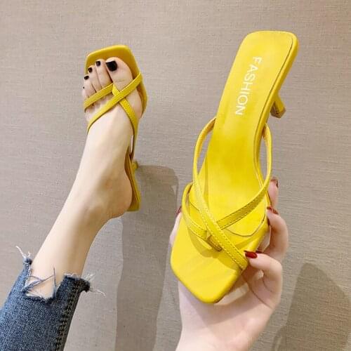 2020 Summer Womens Slippers Open Toe Fashion Square Toe Simple Stiletto Sandals Women Shoes Fashion Yellow Heels