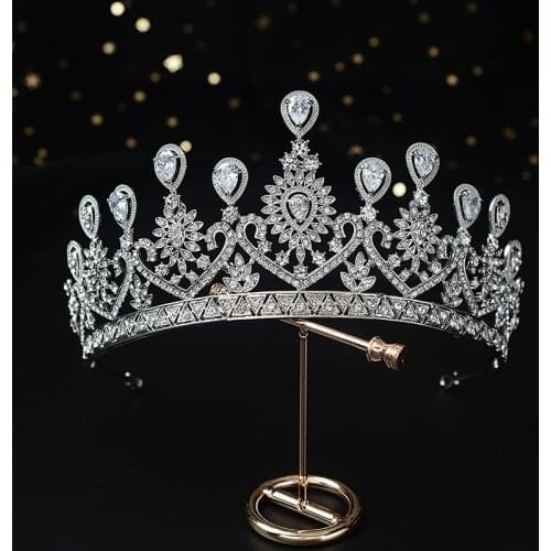 SLBRIDAL Alloy Rhinestone Crystal Cubic Zirconia Flower Bridal Tiara Princess Crown Wedding Hair Accessories Women Dress Jewelry