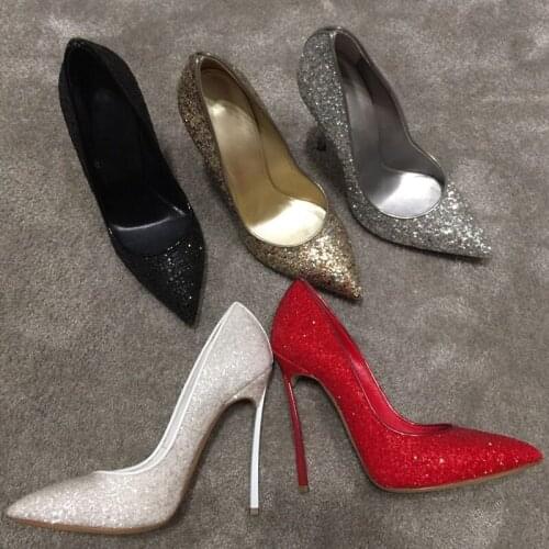 Ladies Sequins Bling Bling Wedding Pumps Blade High Heels Evening Party Dress Shoes Female Paillette Slip-On Pointed Toe Pumps