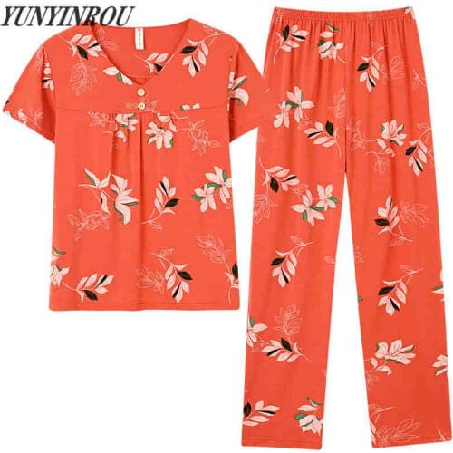 Spring Summer Viscose Floral Print Womens Pajama Sets Elegant Nightwear Women Pajamas Full-Length Pants Plus Size 4XL Sleepwear