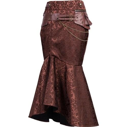 Vintage Brown Jacquard High Waist Leather Mermaid Long Skirts Womens Maxi Skirt Sexy Steampunk Gothic Asymmetrical Underskirt