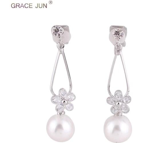 GRACE JUN Top Quality Pearl CZ Flower Shape Clip on Earrings No Pierced and Drop Pierced Earrings for Women Fashion Accessory