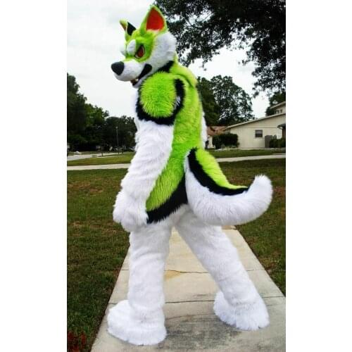 High Quality Long Fur Green White Husky Dog Fursuit Mascot Costume Suit Cosplay Fancy Party Game Halloween Dress Adult Size