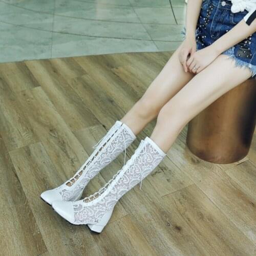 2020 new style boots womens spring and autumn high tube Korean version summer hollow mesh lace up low heel cool Boots White