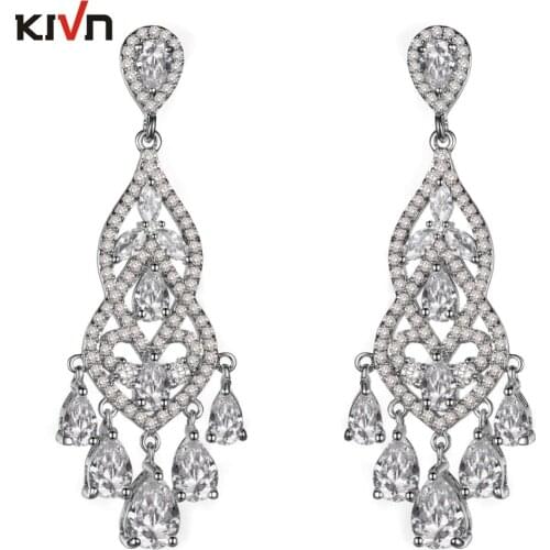 Womens Fashion Jewelry Long Dangle CZ Cubic Zirconia Chandelier Wedding Bridal Earrings Girls Mother Promotion Birthday Gifts
