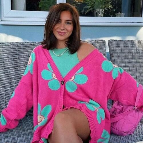 WomenS Button Cardigan Adult Heart-Shaped Print Long-Sleeved V-Neck Ribbed Autumn And Winter 2021 Casual Loose College Style