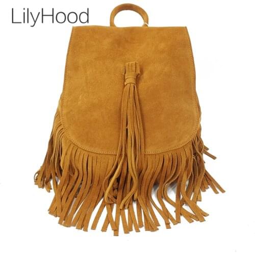 LilyHood 2020 Women Genuine Leather Suede Feminine Backpack Rock Music Bohemian Boho Chic Bucket Fringe Brown Folk Rucksuck Bags