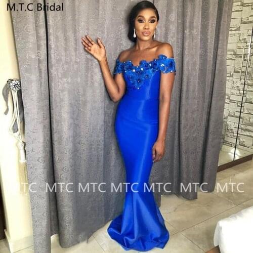 Off The Shoulder Royal Blue Long 2021 Prom Dress Lace Satin Corset Mermaid Black Women Wedding Guest Party Prom Gowns