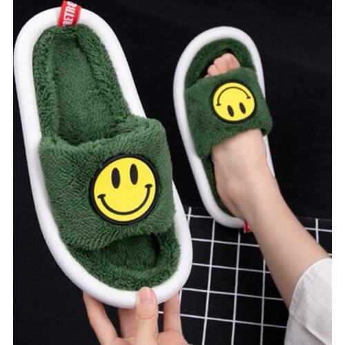 WEH Smiley Face winter men Slippers Fluffy Push Indoor Slippers for men Cute Cartoons Bedroom Slides Female house slippers men