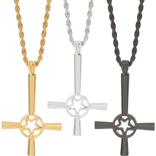 2020 Fashion Pentagram Cross Necklace Men Satanic Symbol Runes Pendant Upside Down Lucifer Satan Choker Statement Jewelry