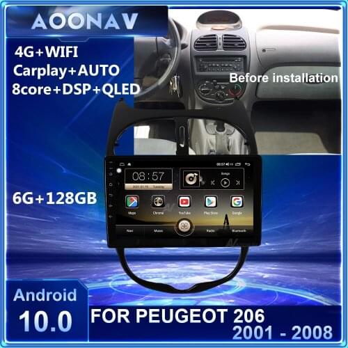 128GB 2 din Android 10.0 Car Radio For PEUGEOT 206 2001 - 2008 Multimedia Video Player Navigation GPS QLED carplay