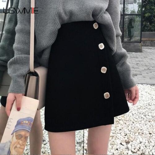Free Shipping Cheap Skirts Womens Autumn Winter Fashion Outwear High Waist Irregular Hem Pure Color Comfort Black Female Skirt