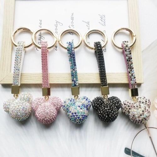 Diamond Drilling Wafer Ball Car Keychain Ladies Gift Mickey Bow Rhinestone Bag Pendant Car Key Ring Interior Accessories