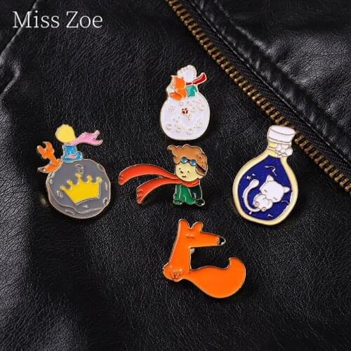 Planet Watching Prince Pin Boy Badge Pin Round Planet Rose Flower Brooch Cartoon Fox Bottle Cat Brooch Gifts For Friends Jewelry