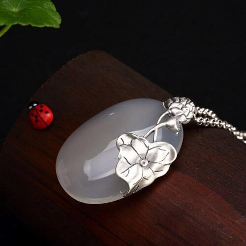 Pure Silver Inlaid Jade Pendant Female High-grade Pulp Lotus Lotus Plants Joker Wholesale Sweater Chain Hanging Pendant