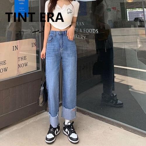 TINT ERA Korean Fashion Fall 2021 New Straight Jeans Feminino Femme Woman Washed All-match High Waist Loose Pants Y2K Denim