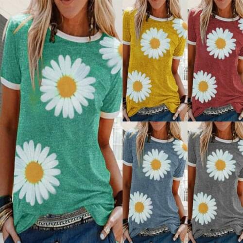T shirt Women Harajuku Tops Women O neck little Daisy Print Short-sleeved Patchwork Tshirt Camisetas Mujer Tshirt Women футболка