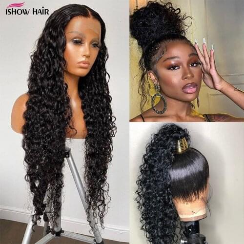 Ishow 360 Lace Frontal Wig For Women Human Hair Pre Plucked Water Wave 13X6 Lace Front Wig 30 Inches Curly Human Hair Wigs