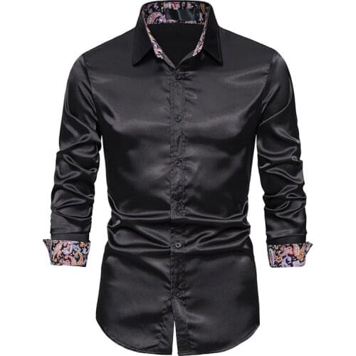 Black Silk Satin Shirt Men 2021 Brand Slim Fit Long Sleeve Button Up Shirt Mens Business Wedding Tuxedo Dress Shirts Camisas XXL