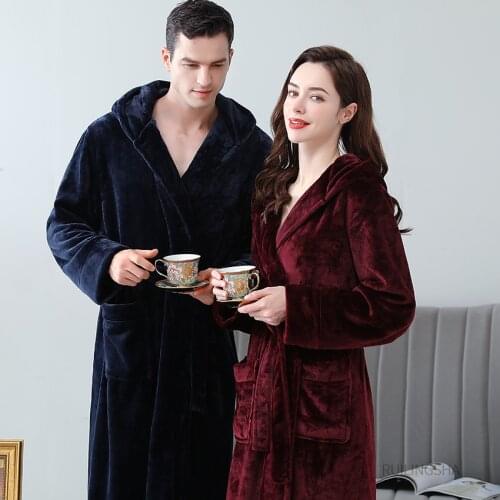 Men Winter Extra Long Flannel Bathrobe Plus Size Coral Fleece Wedding Robes Women Hooded Warm Long Sleeve Bath Dressing Gown
