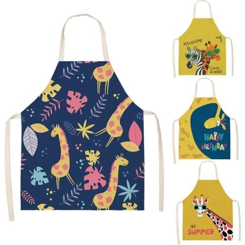 Giraffe Printed Kitchen Apron for Women Cotton Linen Bib 66x47cm Home Cooking Baking Cleaning Tools