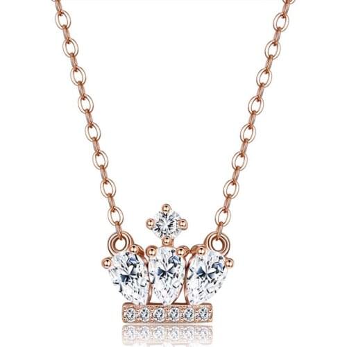 SILVERHOO 925 Silver Necklace For Women Rose Gold Crown Princess Zircon Necklaces Chain Ladies Bride Engagement Wedding Jewelry
