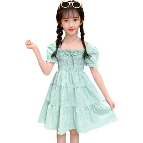 Teenage Girls Dress 2021 Newest Dress For Girl Solid Color Child Dress Summer Clothes Girl 6 8 10 12 14