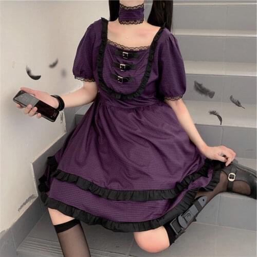 HOUZHOU Gothic Lolita Dress Summer Purple Plaid Kawaii Dress Japanese Harajuku Women Elegant Sweet Lace Ruffles Punk Outfits