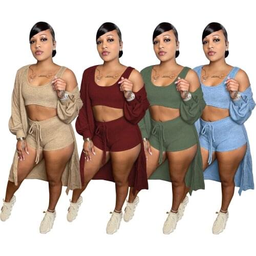 Casual Streetwear Solid 3 Piece Outfits Lounge wear Long Sleeve Long Coat + Sleeveless Tank Crop Top + Biker Shorts Matching Set
