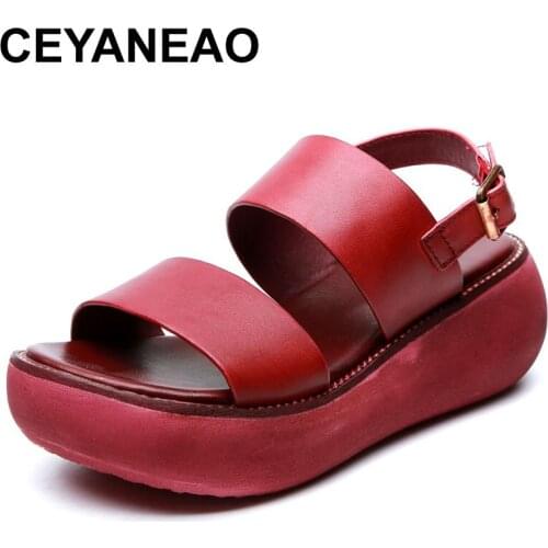 CEYANEAO Elegant Comfortable Thick Bottom wedge sandals shoes for women 2020Newest Retro summer sandals Women Genuine leather