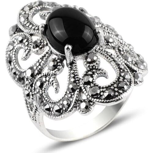 Silver 925 Sterling Onyx & Marcasite Ring