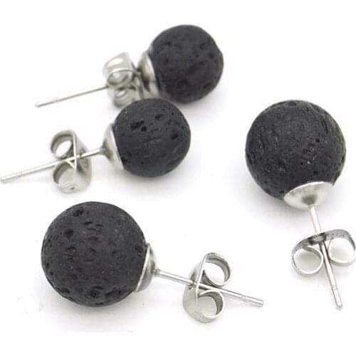 Stainless Steel Stud 8mm 10mm Black Lava Rock Stone Bead Earrings DIY Aromatherapy Essential Oil Diffuser Earrings Jewelry