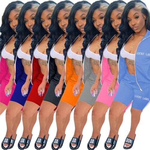 Lucky Label Tracksuit Two Piece Set Women Summer Sweatsuit Casual Zipper Crop Top and Jogging Shorts Sets Wholesale Dropshipping
