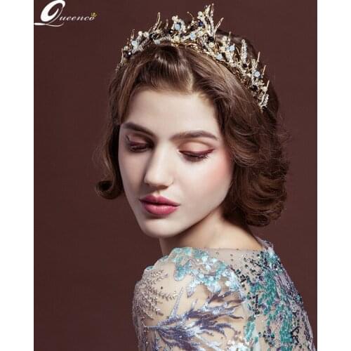 Black Crystal Beads Bridal Tiara Trendy Crown Headpiece Handmade Golden color Tiara Wedding Hair Accessories Bridal Headband