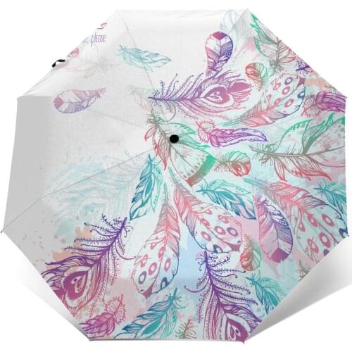Wind Resistant Folding Automatic Umbrella Women Auto Hand Drawn Peacock Bird Feathers Windproof Umbrellas Rain For Men Parasol