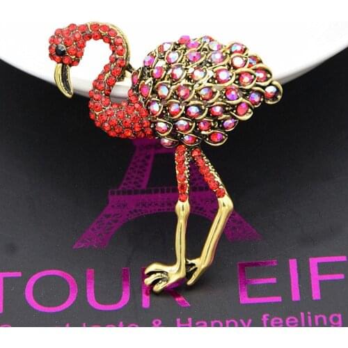 Vintage Gold Style Stunning Red Crystals Visual Flamingo Brooch Fashion Lady Garment Accessories Pin