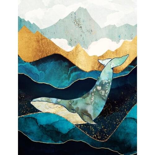 Wall Art Abstract Canvas Golden Blue Rivers And Mountain Painting Nordic Posters Pictures Bedroom Ocean Space Whale Painting