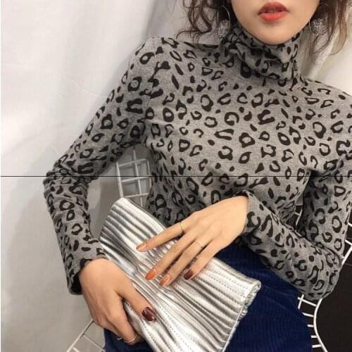 2021 New Slim Long-Sleeved Plus Velvet Thick High-Necked Shirt Shirt Women Leopard T-Shirt Korean Version Autumn and Winter