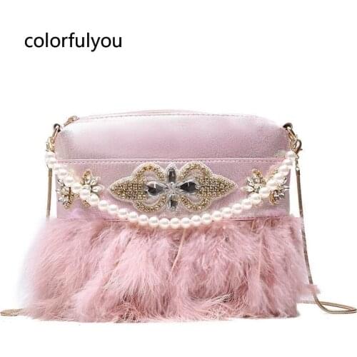 Pink Feather Diamond Design Bag Women Small Crossbody Bag Wedding Party Clutch Bag Purses and Handbags Luxury Shoulder Chain Bag