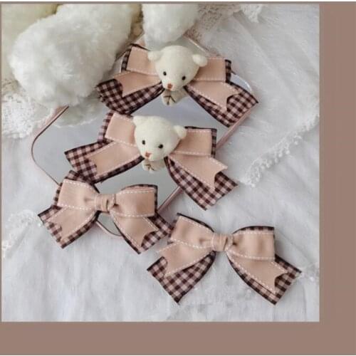 Lolita Plaid Double Bow Hairpin Headwear Women Bear Hair ClipHair Accessories Side Clip D895