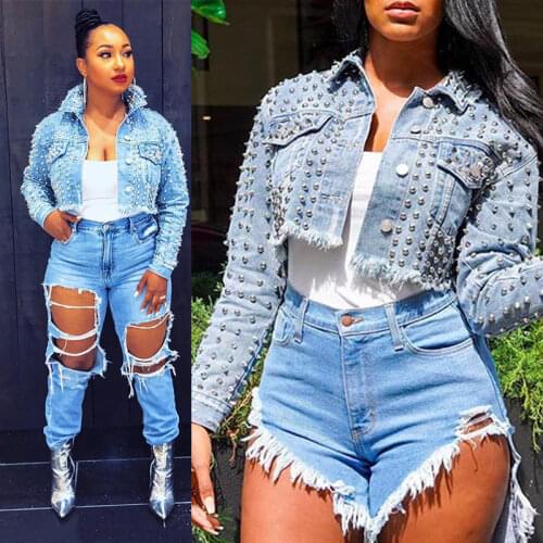 Women Short Denim Jackets Long Sleeve Sexy Rivet Woman Elegant Denim Coat 3XL Slim Tops 2020 Female Jacket Clothes Light Blue