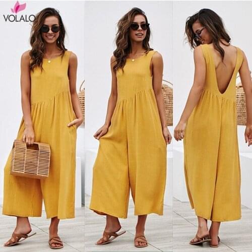 Sleeveless Casual Jumpsuit O-neck Beach Clothes Summer Women Jumpsuits Solid Loose Long Playsuits Beach Overalls