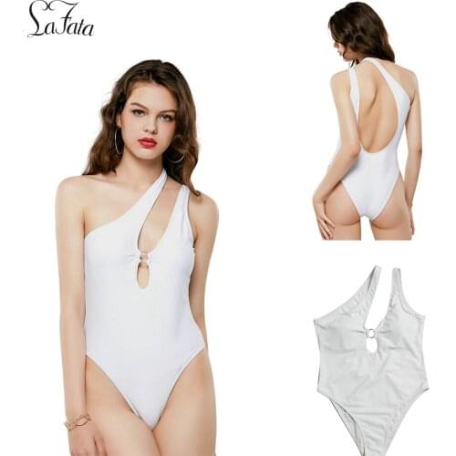 Cutout One Shoulder Ring Design Ladies Swimwear One Piece