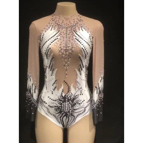 Womens New Glisten Rhinestones Mesh Printing Sexy Bodysuit Stage Costume Nightclub Outfit Party Dance Bodysuit See Through Wear