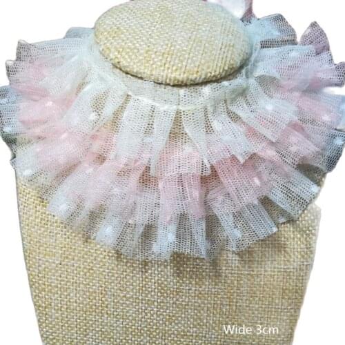 1M Embroidery Lace Pleated Tulle Fabric 3cm Dot Applique Lace Trim Collar Ribbon Sewing Guipure Mesh Lace Crafts dentelle KQ42