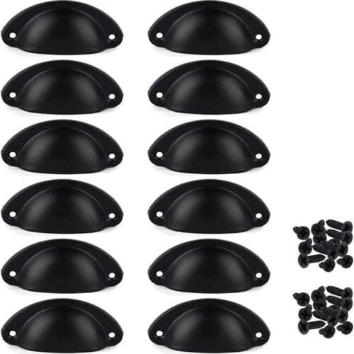 12Pcs Door Drawer Cabinet Iron Shell Cup Semicircle Handle Pull Knob With Screws 8.1Cmx3.2Cm (Black)