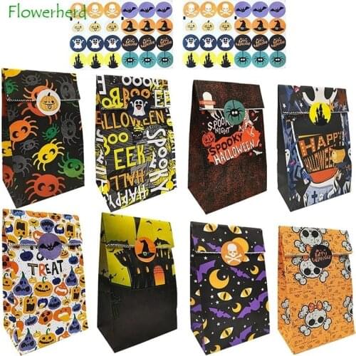 48pcs Halloween Candy Bags Paper Gift Bags 48 Sealing Halloween Stickers for Kids Trick or Treat Party Favors Halloween Supplies